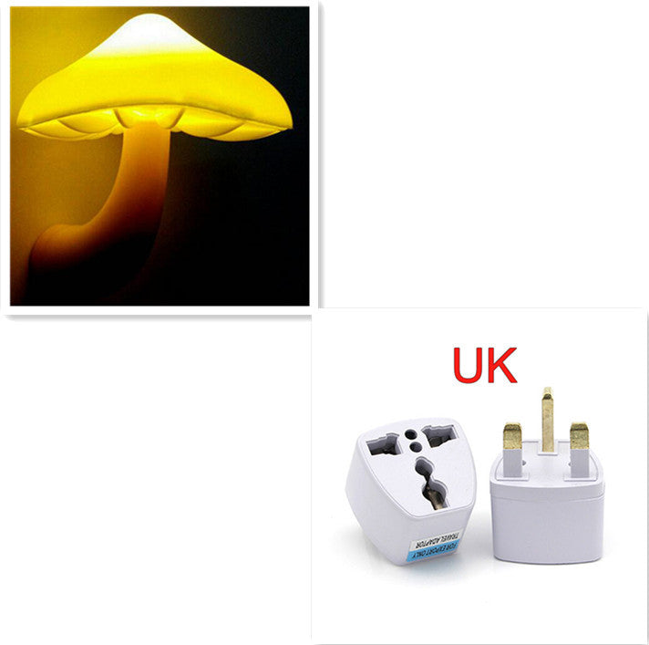 Mushroom-shaped night light with a UK plug adapter on a white background