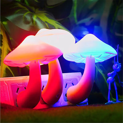 Colorful mushroom-shaped night lights on a dark background