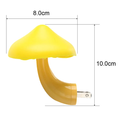 Yellow mushroom-shaped night light with dimensions on a white background